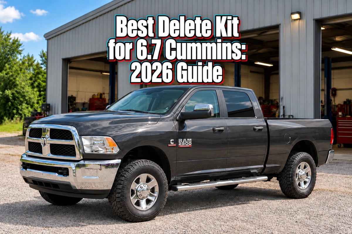 Gray Ram 2500 Cummins outside a diesel repair shop, with the title Best Delete Kit for 6.7 Cummins: 2026 Guide.
