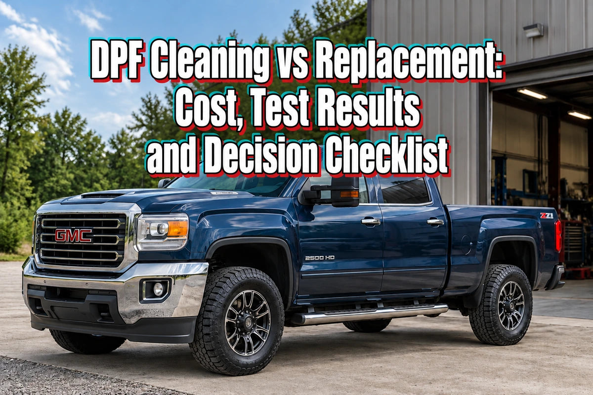 Blue GMC Sierra HD outside a repair shop, with the title DPF Cleaning vs Replacement: Cost, Test Results and Decision Checklist.