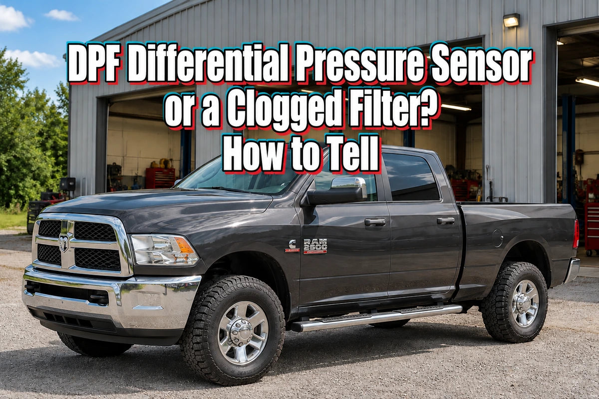 Gray Ram diesel pickup outside a repair shop, with the title DPF Differential Pressure Sensor or a Clogged Filter? How to Tell.