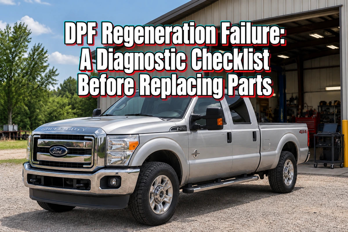 Silver Ford Super Duty outside a repair shop, with the title DPF Regeneration Failure: A Diagnostic Checklist Before Replacing Parts.