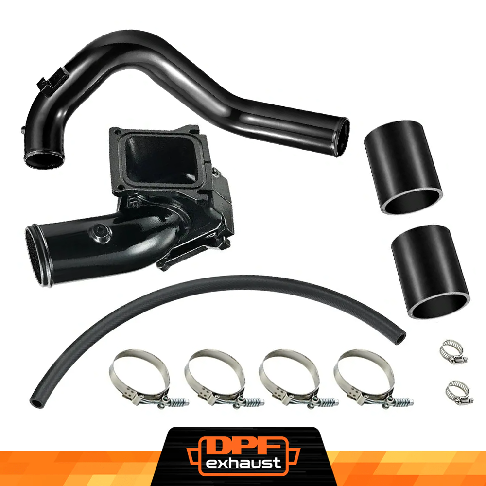Car exhaust system components with clamp set on a white background, featuring the DPF Exhaust logo.
