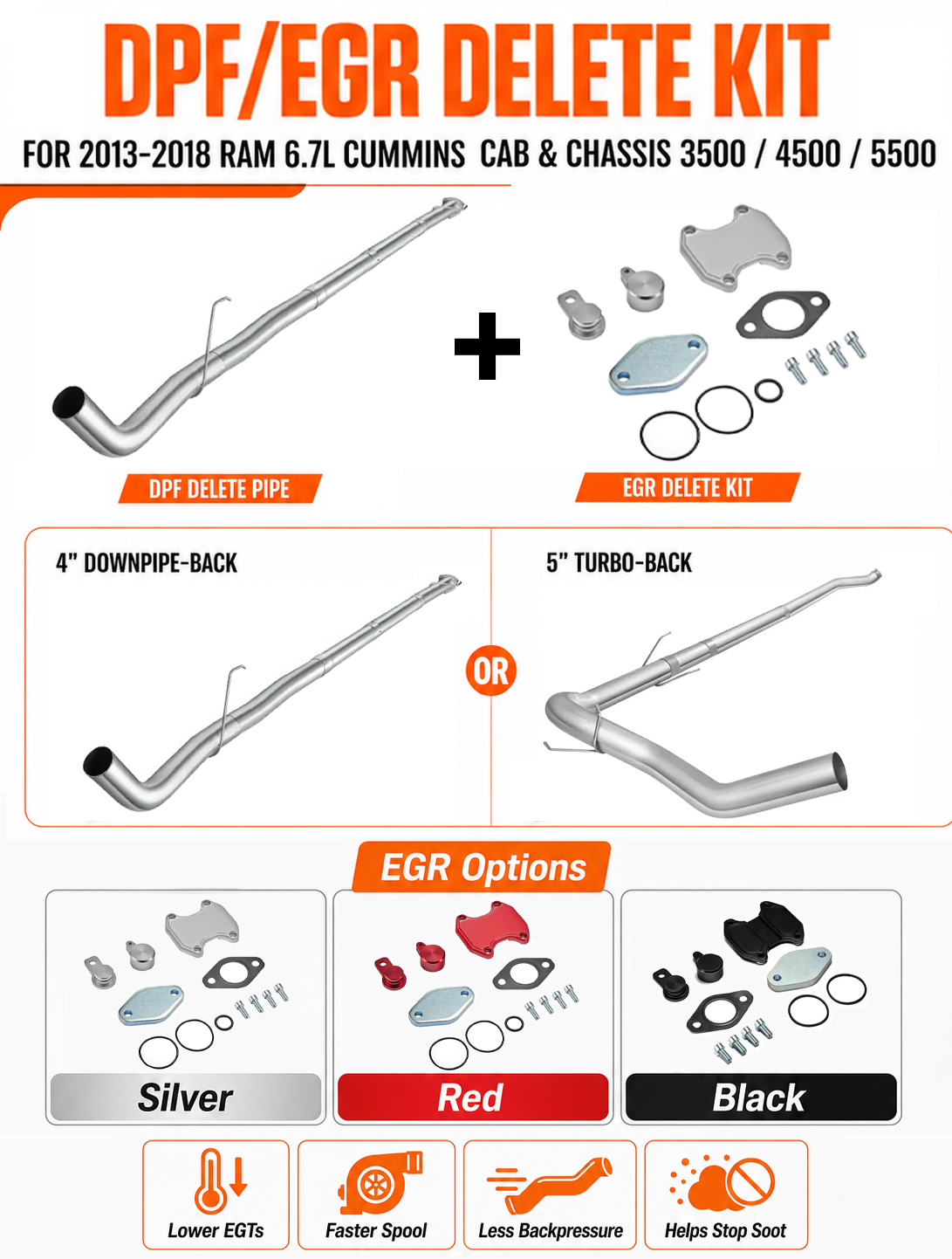 6.7L Cummins Cab & Chassis DPF/EGR delete kit options chart with 4 inch downpipe-back, 5 inch turbo-back, and three EGR hardware colors