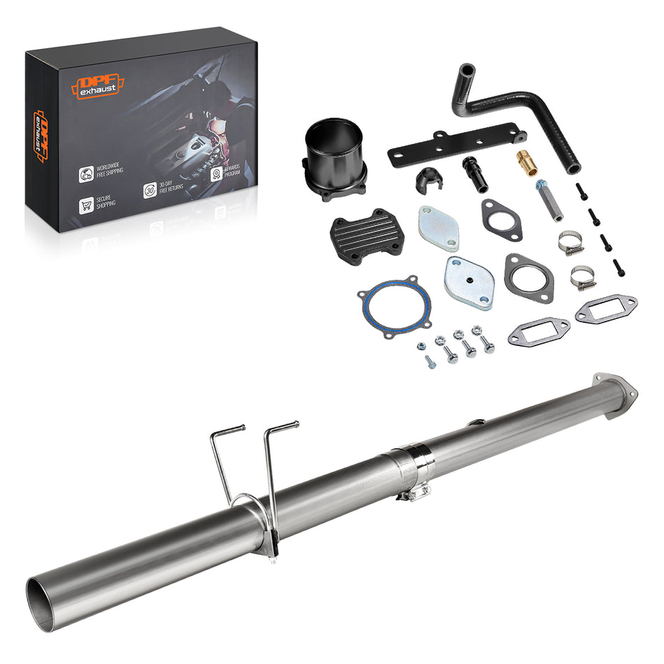 Exhaust system kit with components and DPFexhaust package box on a white background