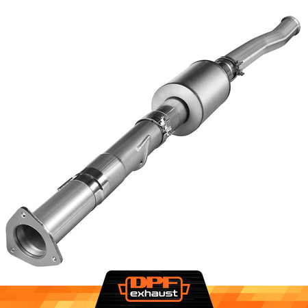 A silver stainless steel DPF delete exhaust pipe for Ford 6.7 Powerstroke diesel trucks.