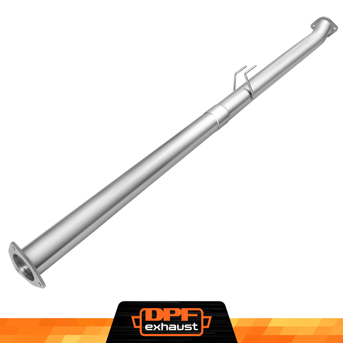 A silver stainless steel DPF delete exhaust pipe for Ford 6.7 Powerstroke diesel trucks.
