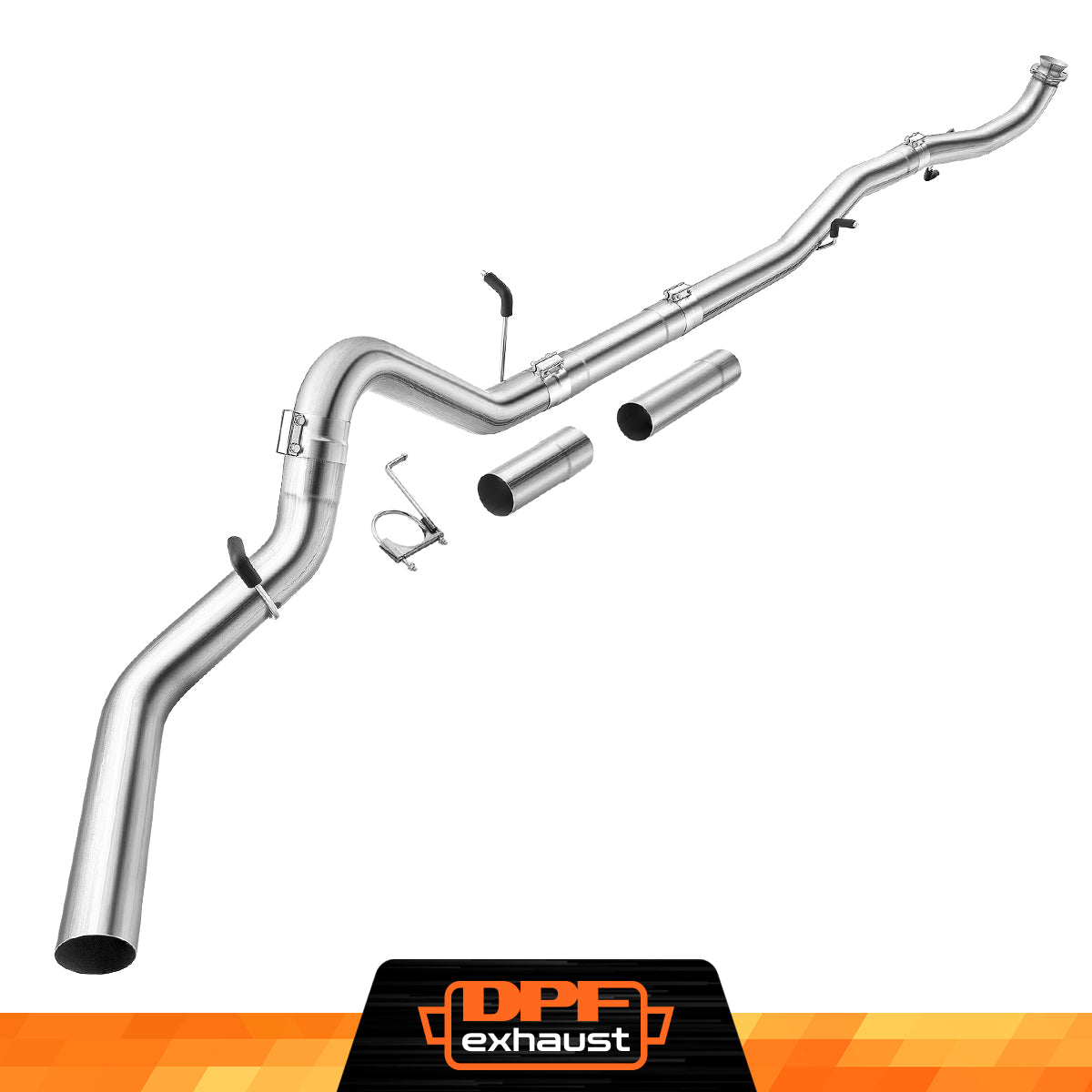 Stainless steel exhaust system with DPFexhaust logo at the bottom.