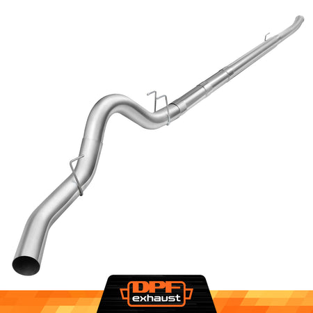 A silver stainless steel DPF delete  downpipe back exhaust pipe for Ford 6.7 Powerstroke diesel trucks.