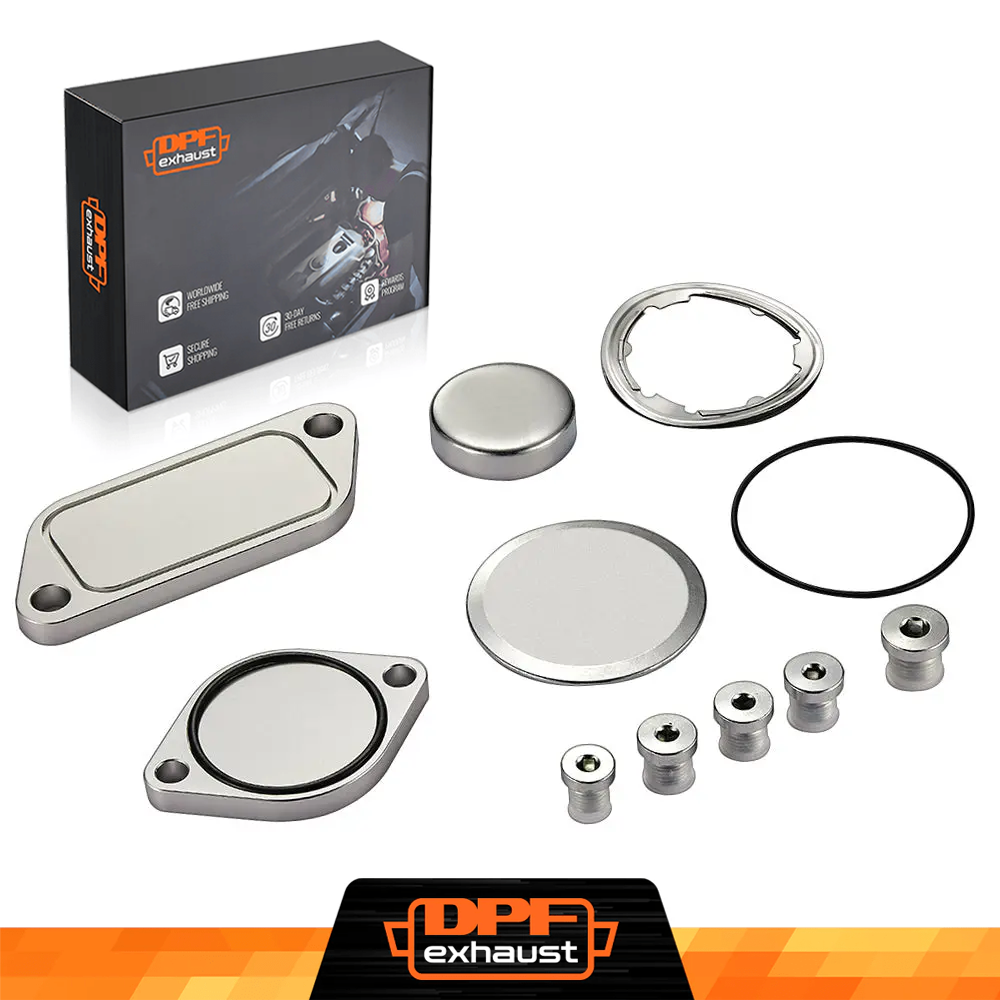Collection of metal exhaust components with DPFexhaust packaging on a white background