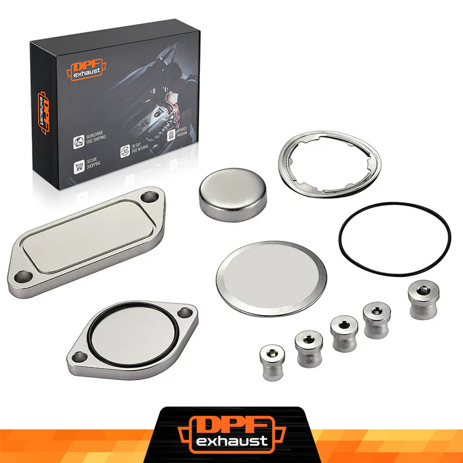 Collection of metal exhaust components with DPFexhaust packaging on a white background