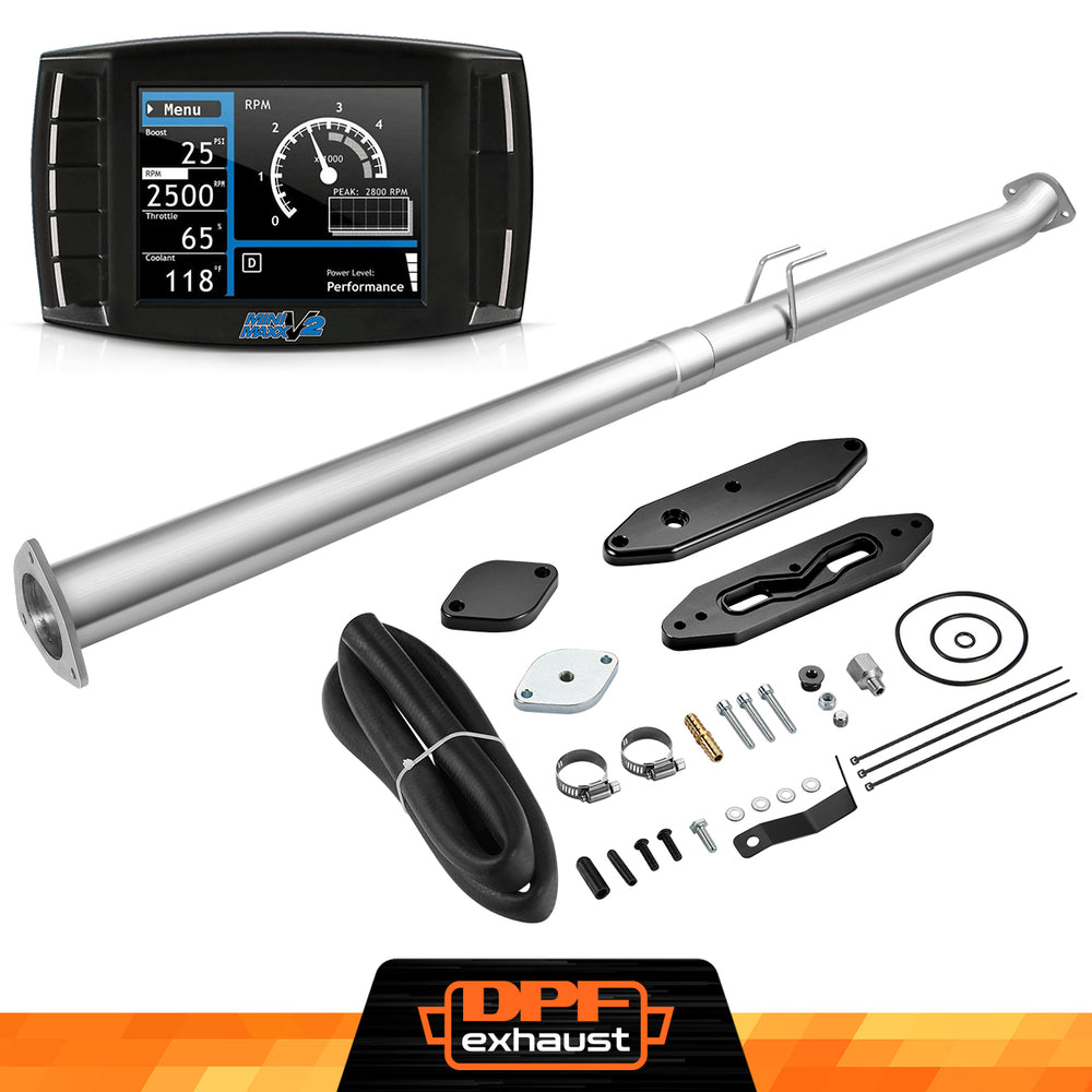 Mini Maxx V2 with 4'' DPF Race, 2011-2014 & 2017-2019/Flow through plate/Black EGR components and CCV hardware for Ford 6.7L Powerstroke, shown as a complete kit