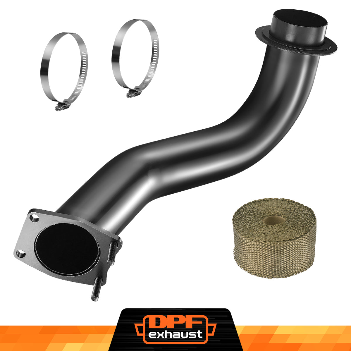 l5p duramax diesel's downpipe with clamps, heat wrap, and DPFexhaust logo on a white background