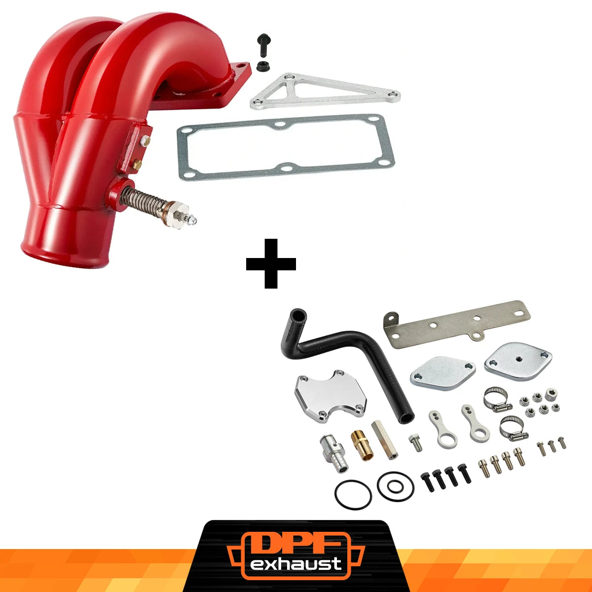 Red 3.5 inch intake manifold with silver EGR plates for 2010-2018 Ram 6.7L Cummins