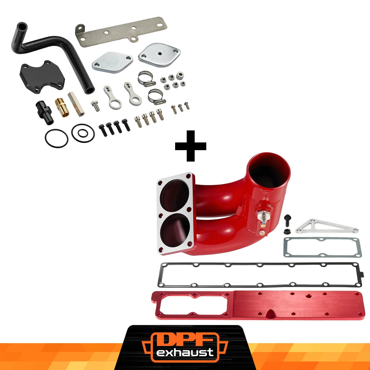 Red intake manifold with red grid-heater delete plate and EGR kit for 2010-2018 Ram 6.7L Cummins