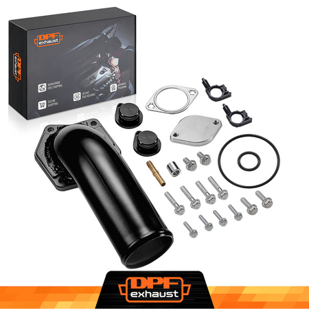 Car exhaust system kit with components and DPFexhaust packaging on a white background