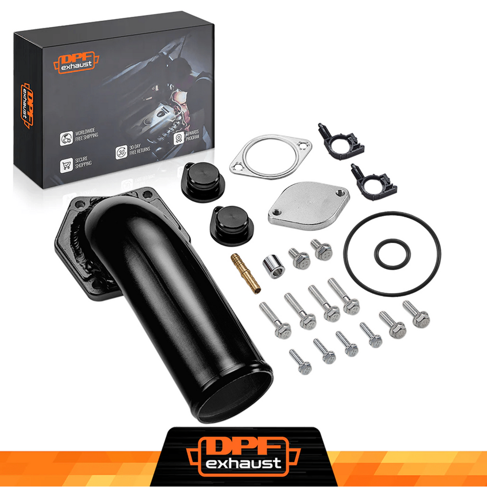 Car exhaust system kit with components and DPFexhaust packaging on a white background