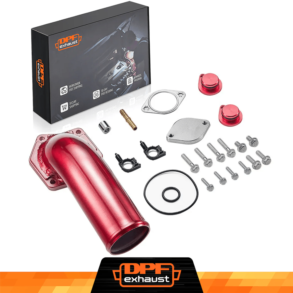 Red exhaust component set with tools and DPFexhaust packaging on a white background