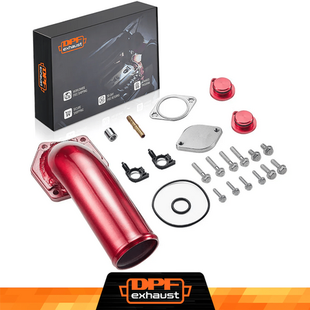 Red exhaust component set with tools and DPFexhaust packaging on a white background