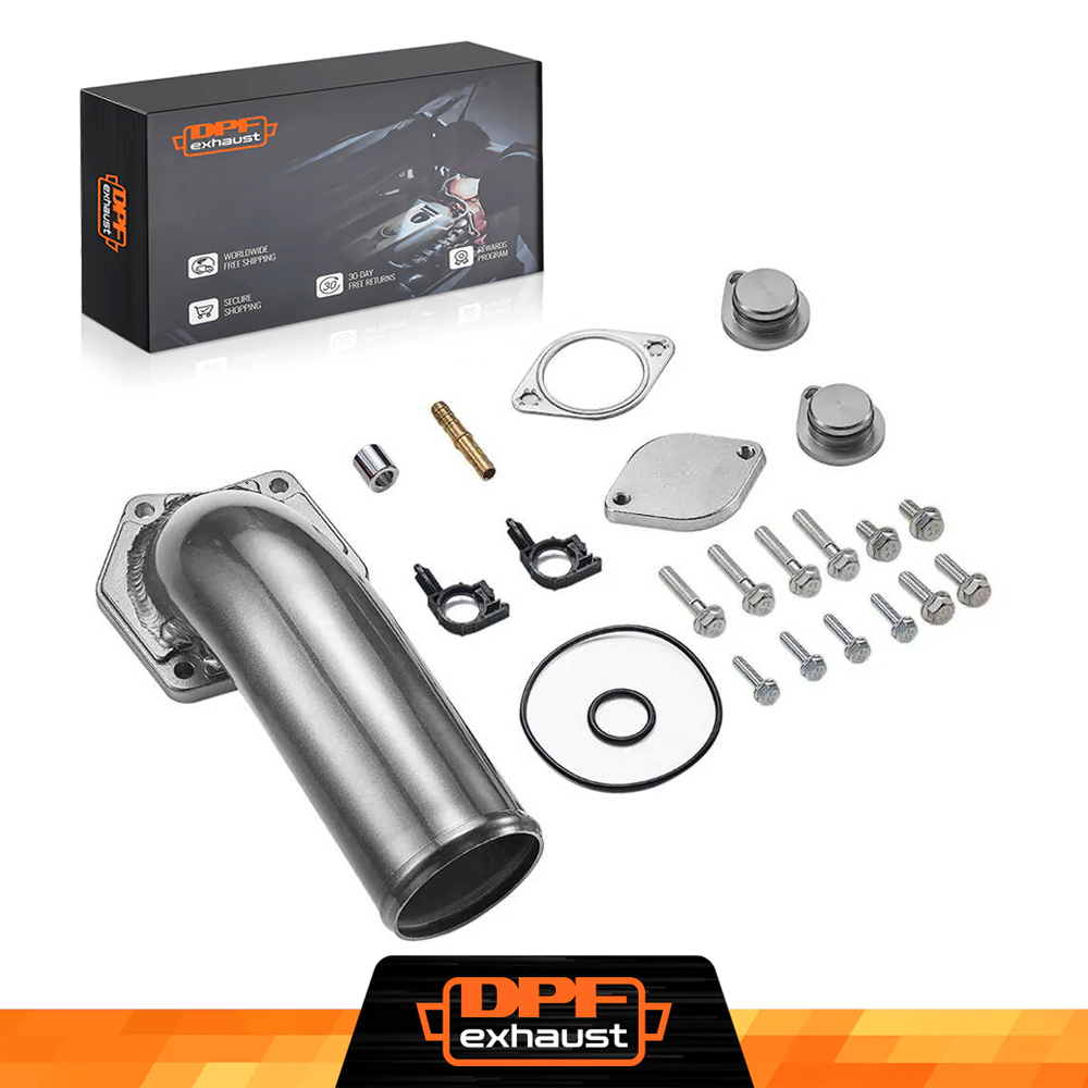 Car exhaust system components with DPFexhaust packaging on a white background
