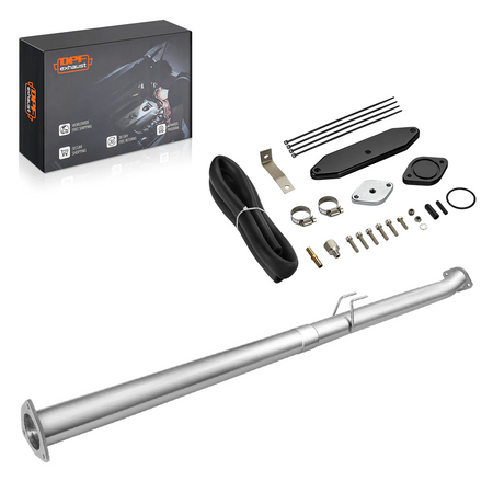 Exhaust system kit with components and DPFexhaust packaging on a white background