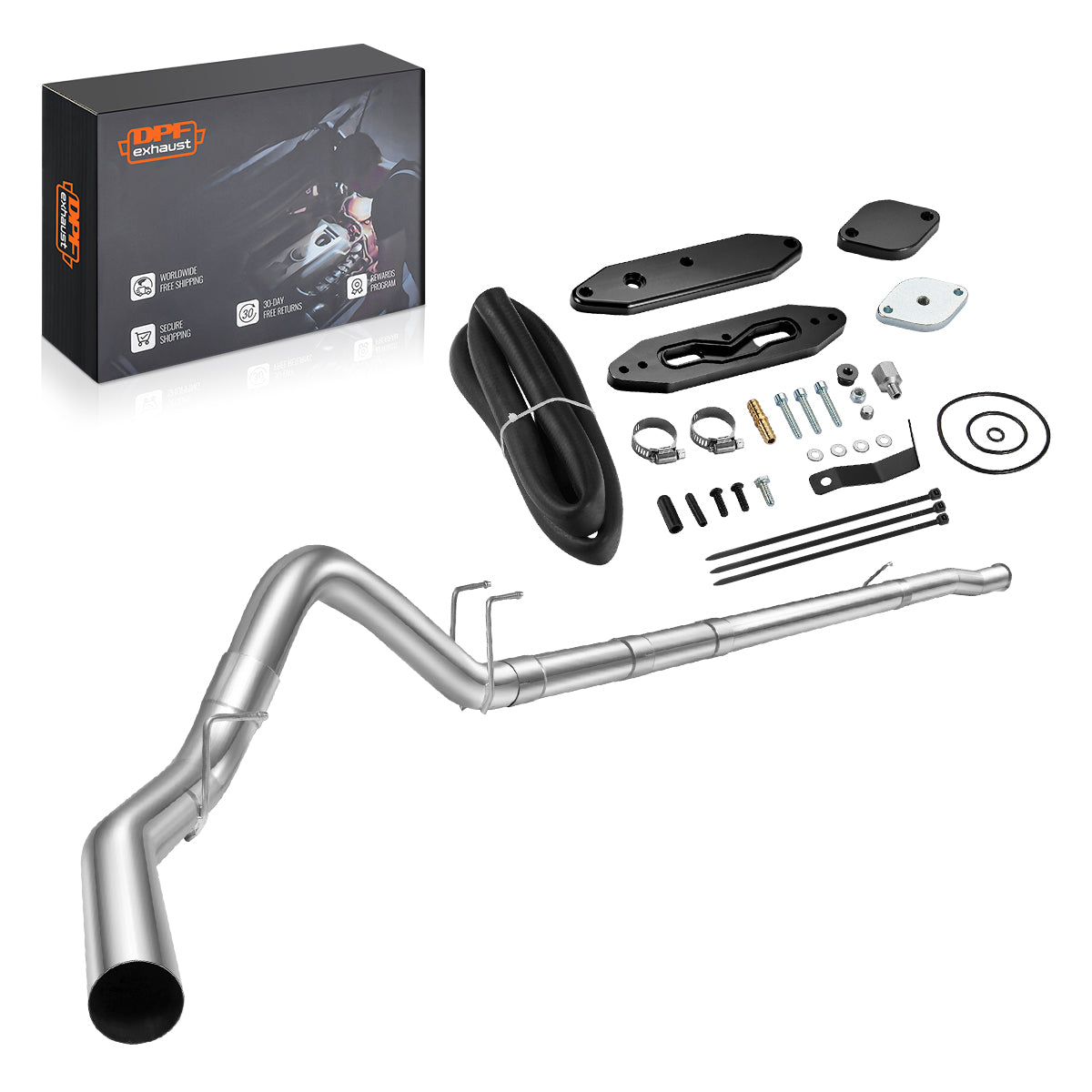 Exhaust system kit with components and DPFexhaust logo packaging on a white background
