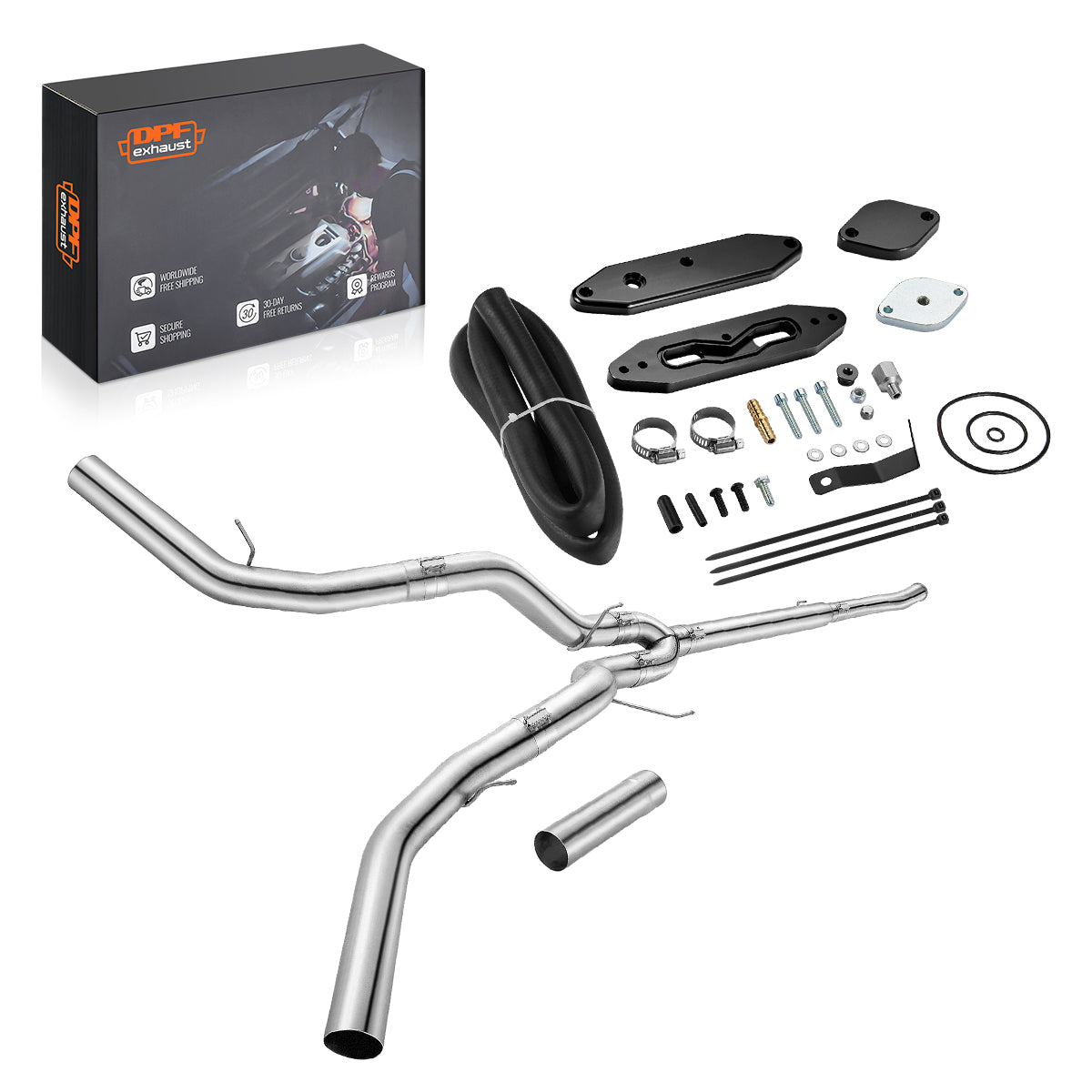 Motorcycle exhaust system with components and DPFexhaust packaging on a white background