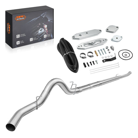 Exhaust system kit with components and DPFexhaust logo packaging on a white background