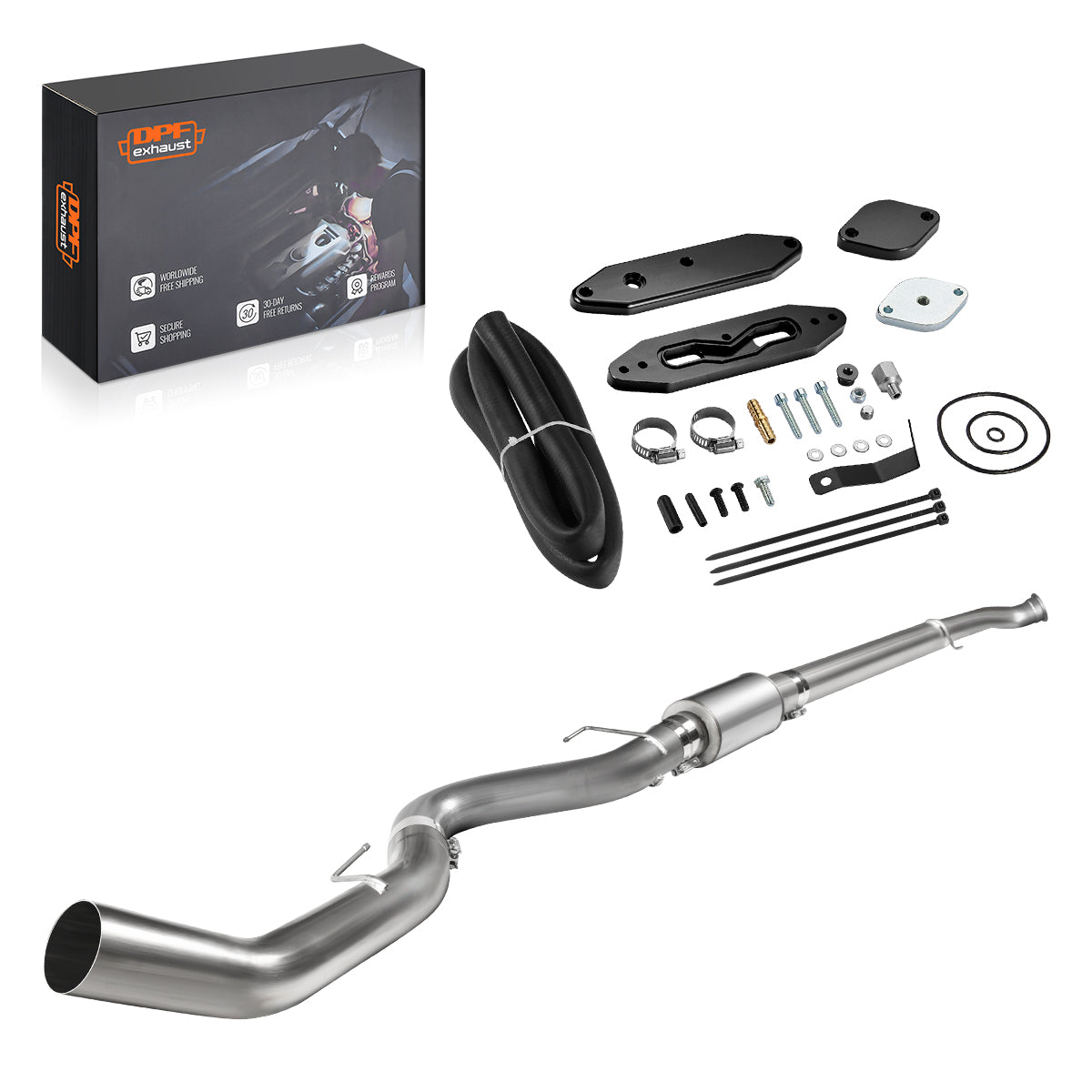 Exhaust system kit with components and DPFexhaust packaging on a white background