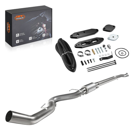 Exhaust system kit with components and DPFexhaust packaging on a white background