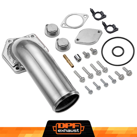 An EGR delete kit including a black exhaust pipe, various gaskets, bolts, and hardware for installation.