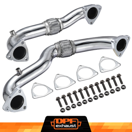 Exhaust up-pipe for Ford Powerstroke diesel engines with metal construction, including gaskets and mounting hardware.