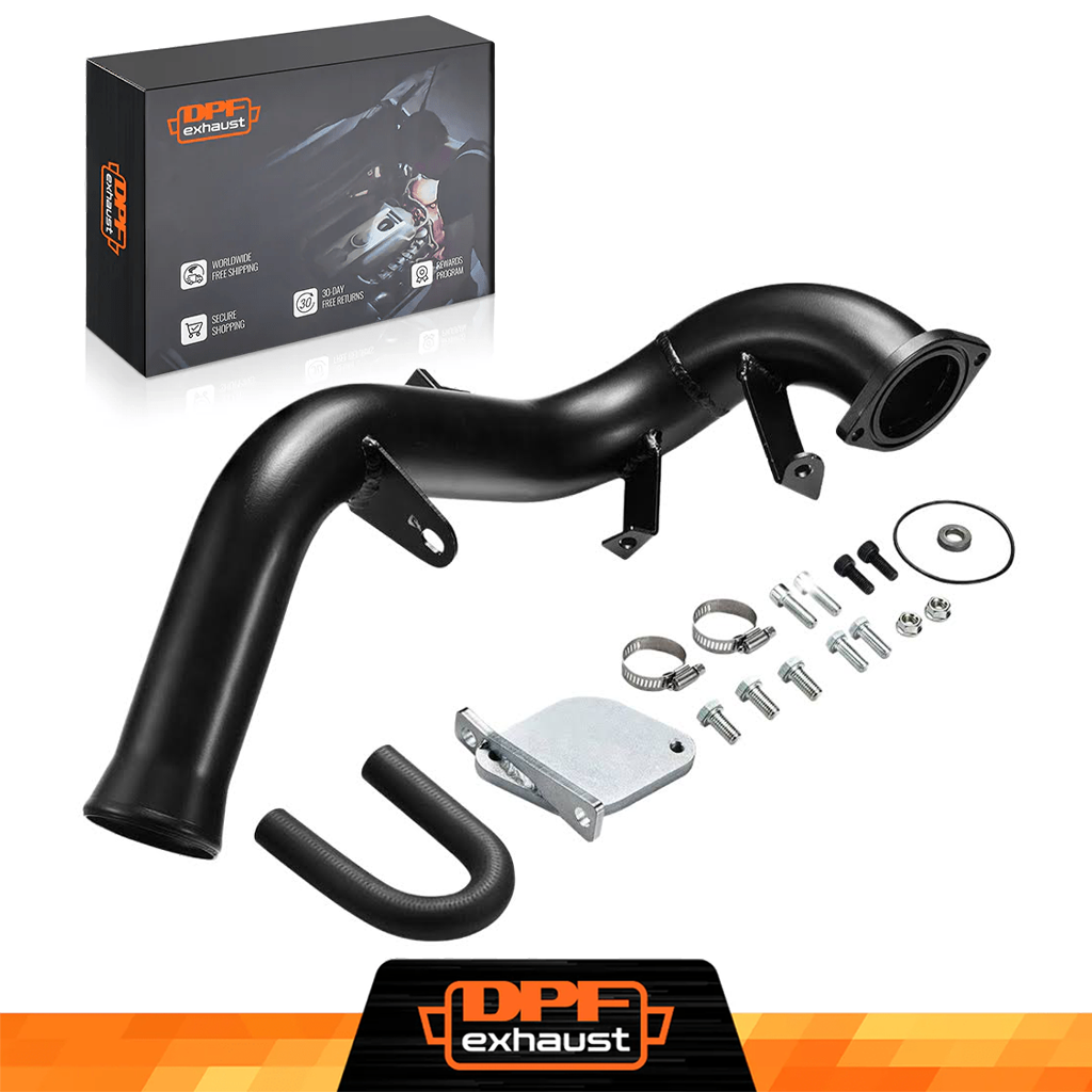 Car exhaust system with accessories and DPFexhaust packaging on a white background