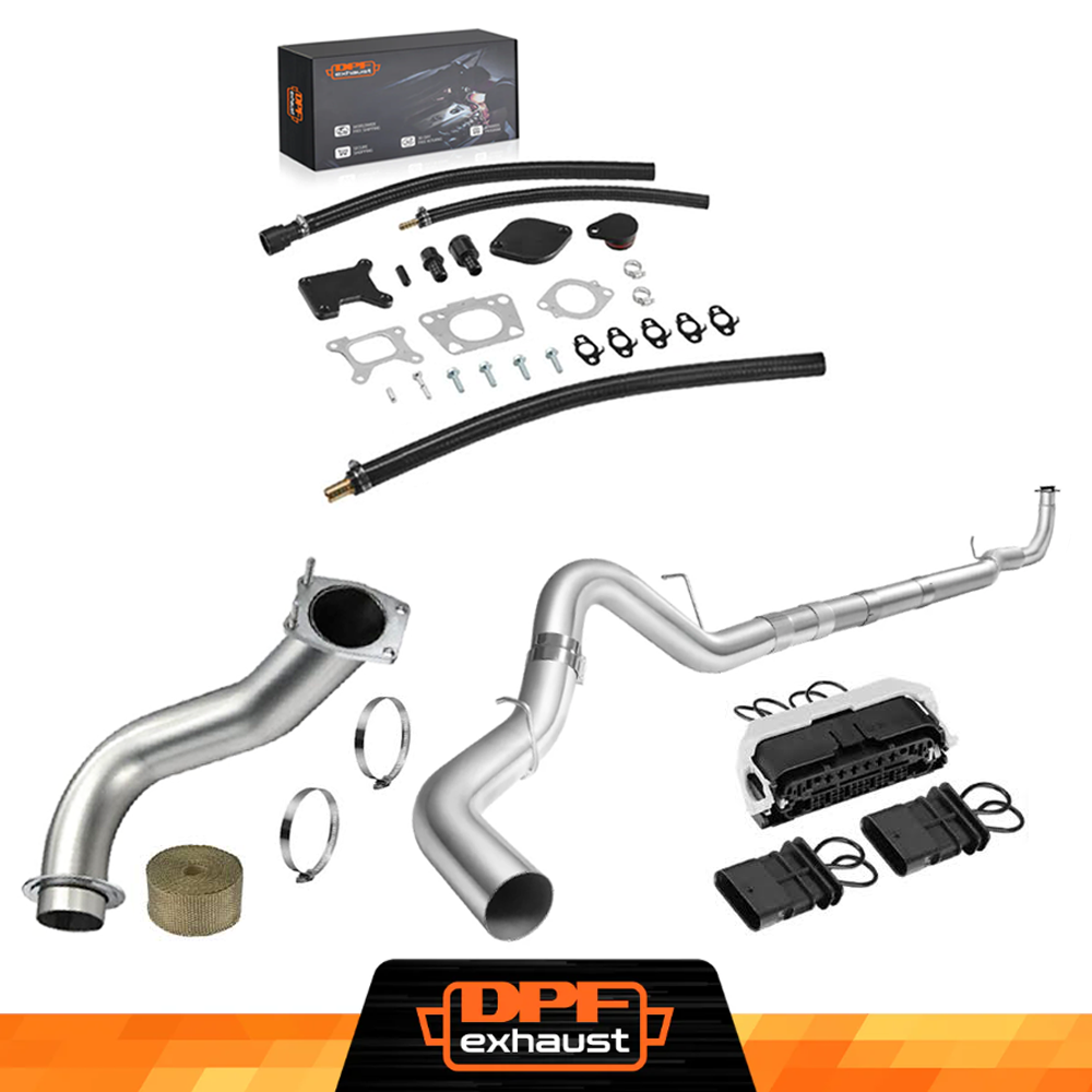 Car exhaust system kit with components on a white background, featuring DPFexhaust branding.
