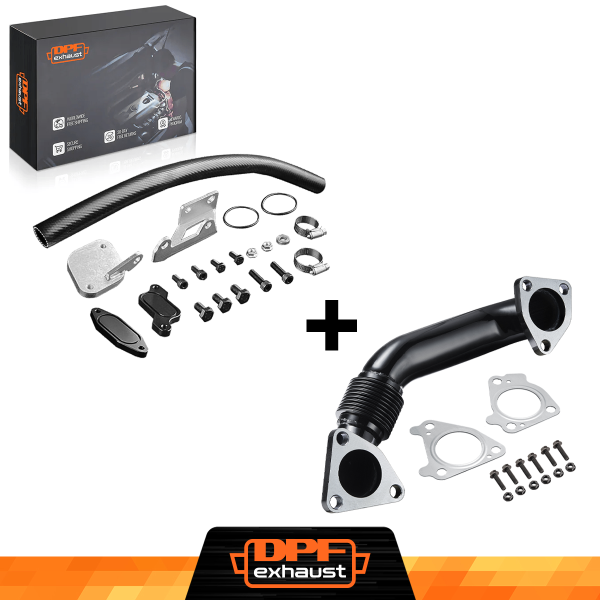 DPFexhaust components including pipes, brackets, and gaskets on a white background with DPFexhaust branding.