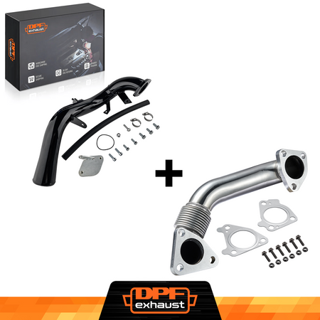 DPFexhaust automotive parts including pipes and hardware on a white background with DPFexhaust branding.